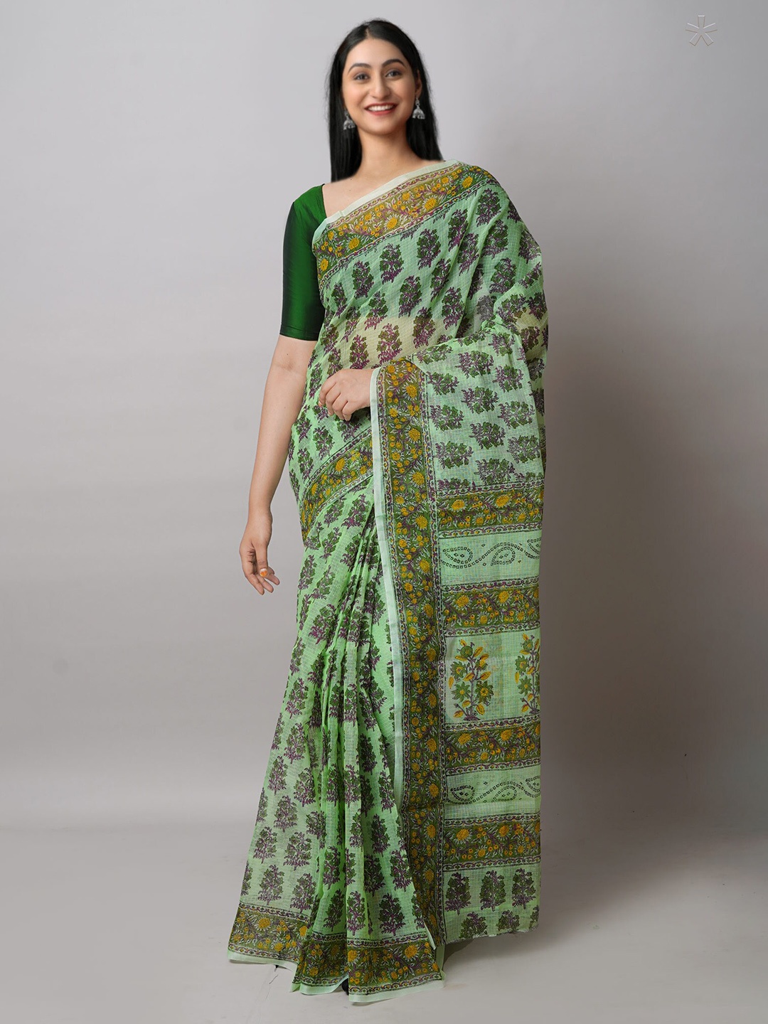 

Unnati Silks Ethnic Motifs Printed Pure Cotton Handloom Kota Saree, Green