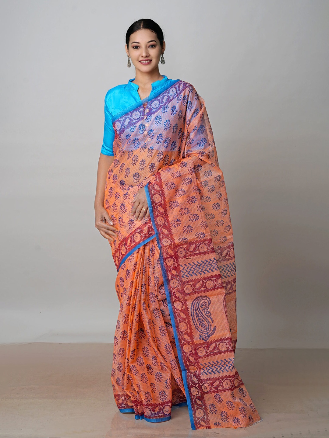 

Unnati Silks Ethnic Motifs Printed Handloom Pure Cotton Kota Saree, Orange