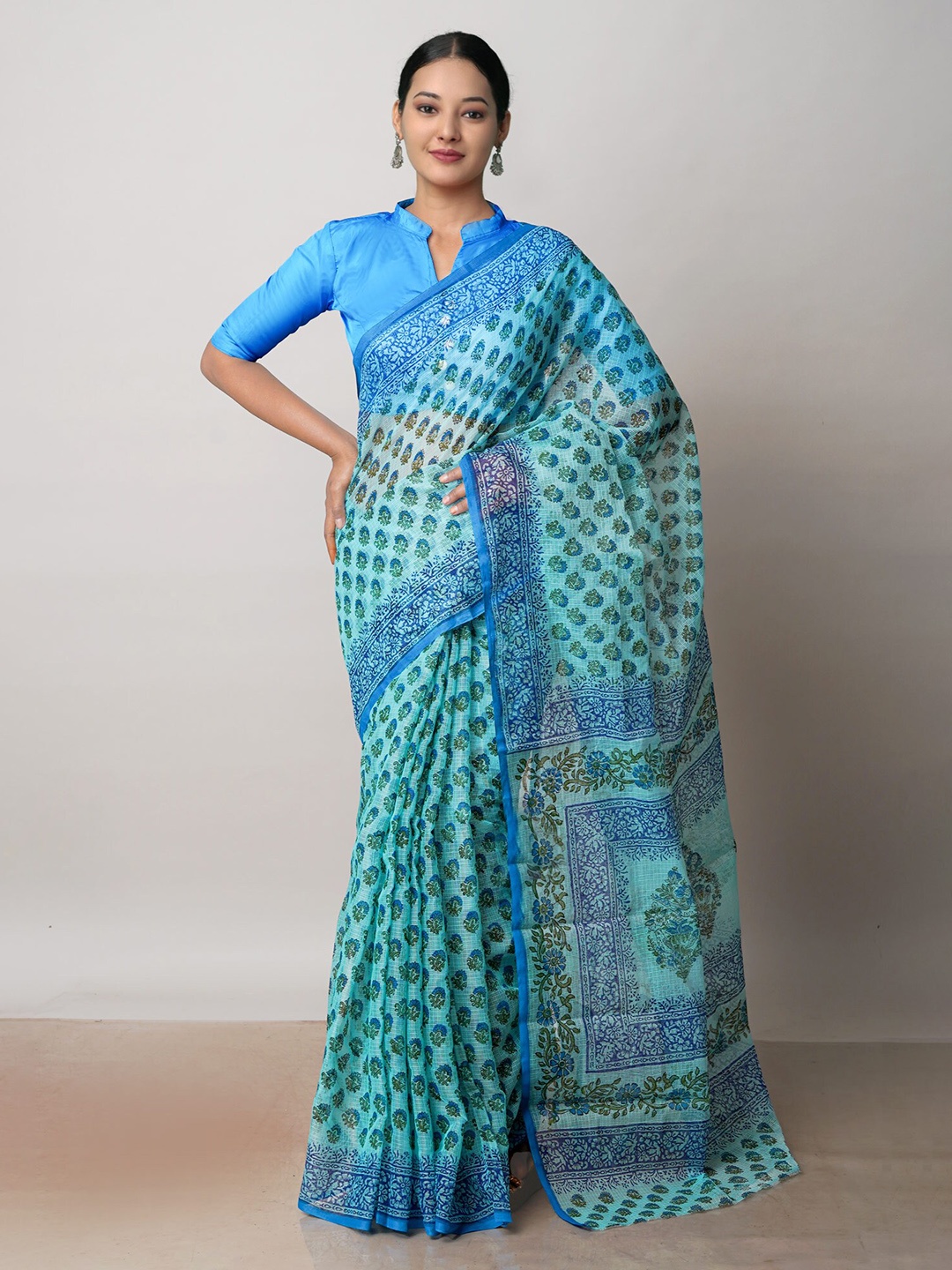

Unnati Silks Ethnic Motifs Printed Pure Cotton Kota Saree, Turquoise blue