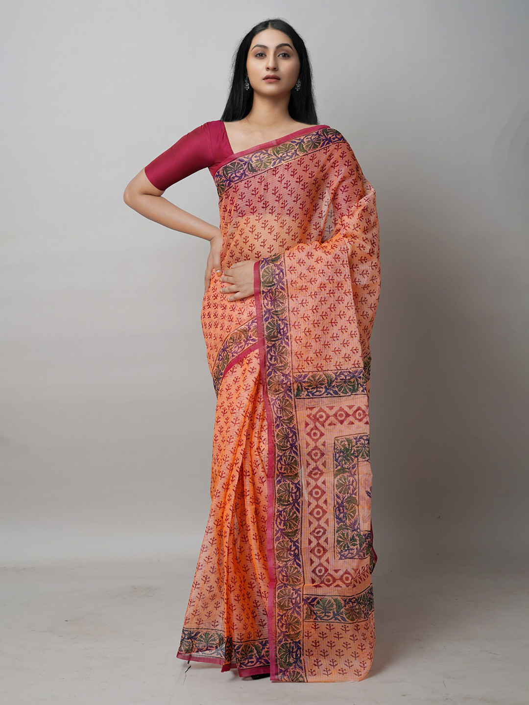 

Unnati Silks Ethnic Motifs Printed Pure Cotton Handloom Kota Saree, Orange