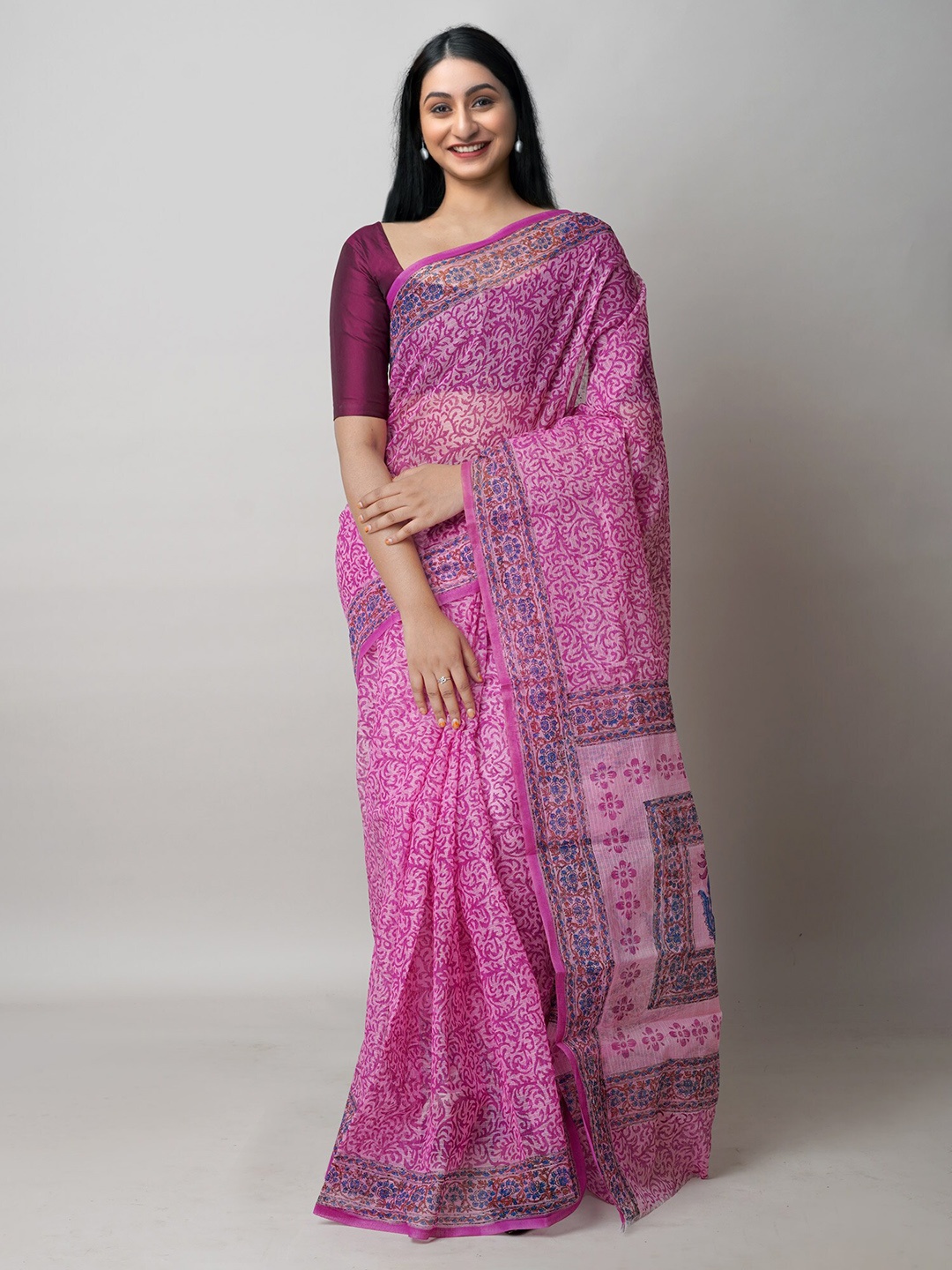 

Unnati Silks Ethnic Motifs Printed Pure Cotton Handloom Kota Saree, Pink
