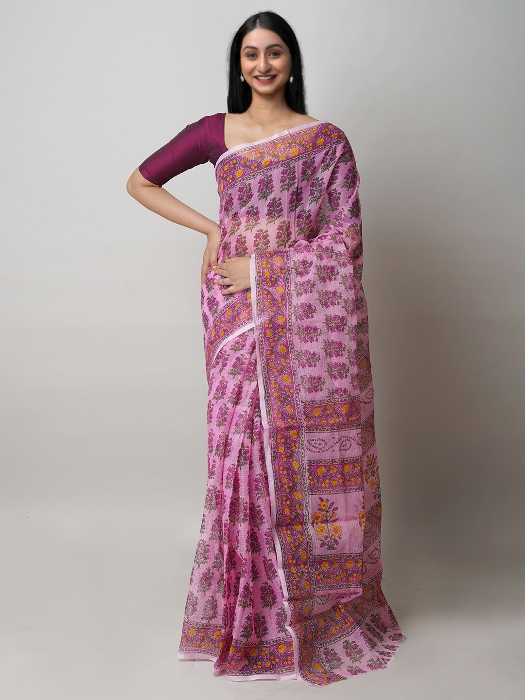 

Unnati Silks Floral Printed Handloom Pure Cotton Kota Saree, Pink