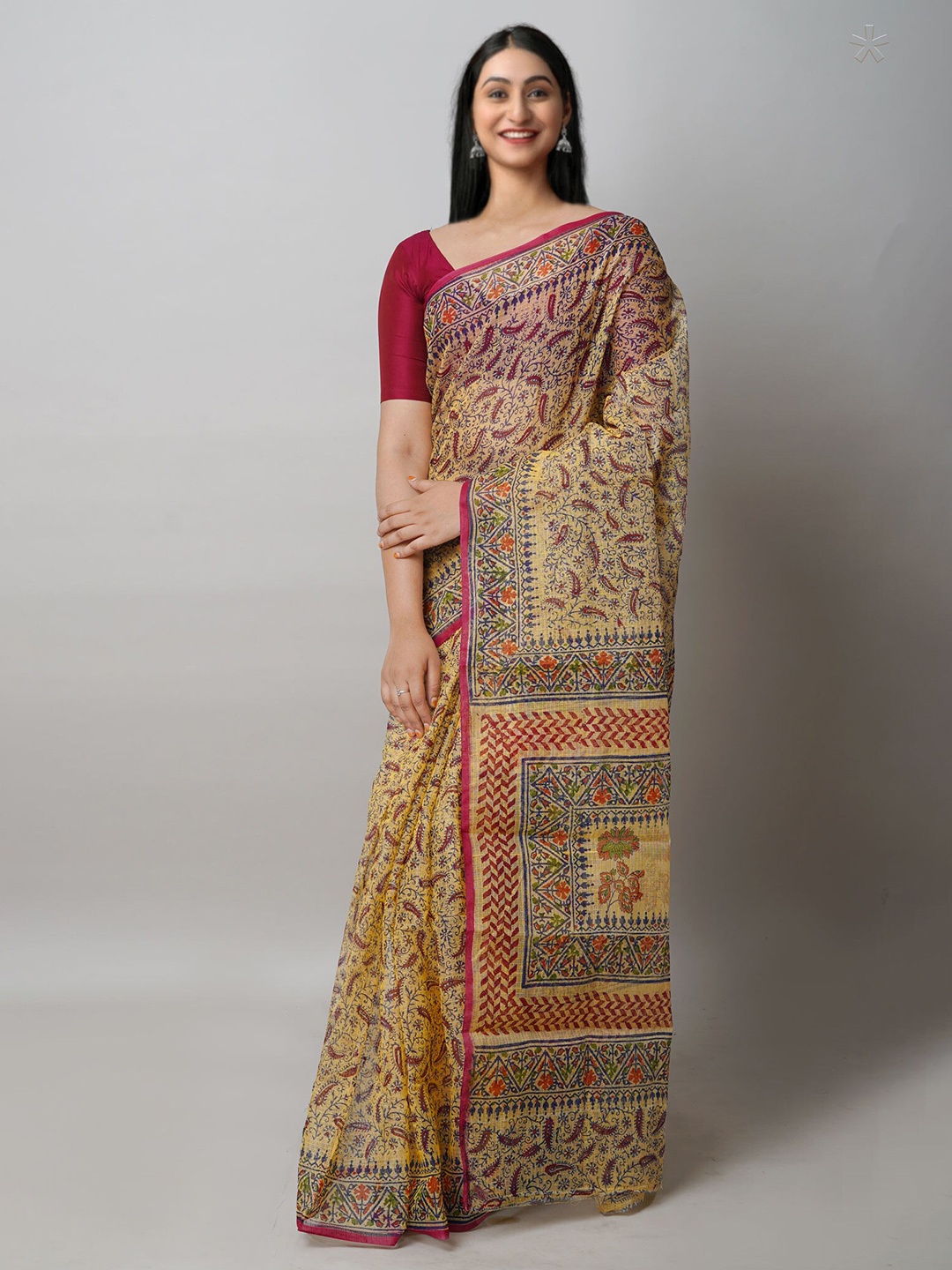 

Unnati Silks Ethnic Motifs Printed Handloom Pure Cotton Kota Saree, Yellow