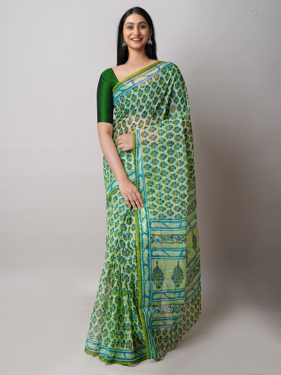 

Unnati Silks Floral Printed Handloom Pure Cotton Kota Saree, Green