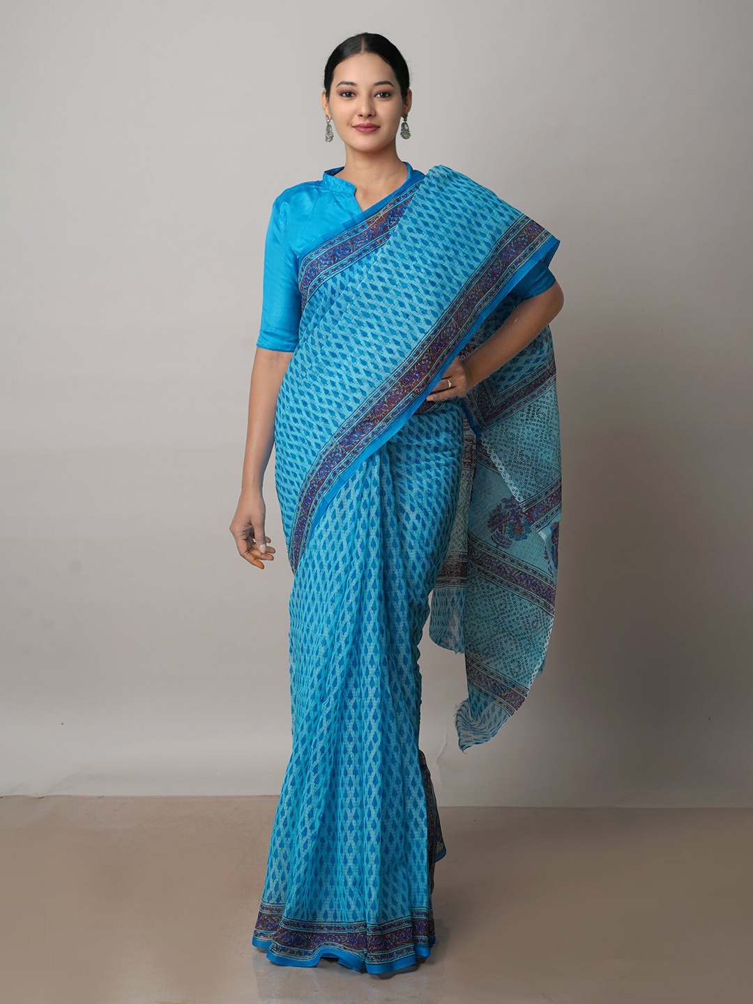 

Unnati Silks Ethnic Motif Pure Cotton Kota Saree With Blouse Piece, Blue
