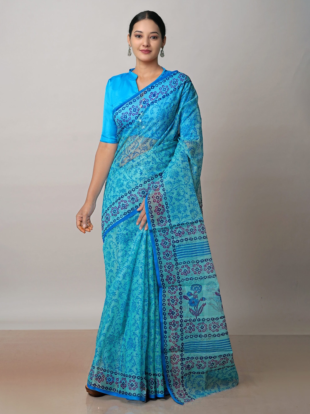 

Unnati Silks Ethnic Motifs Printed Handloom Pure Cotton Kota Saree, Blue