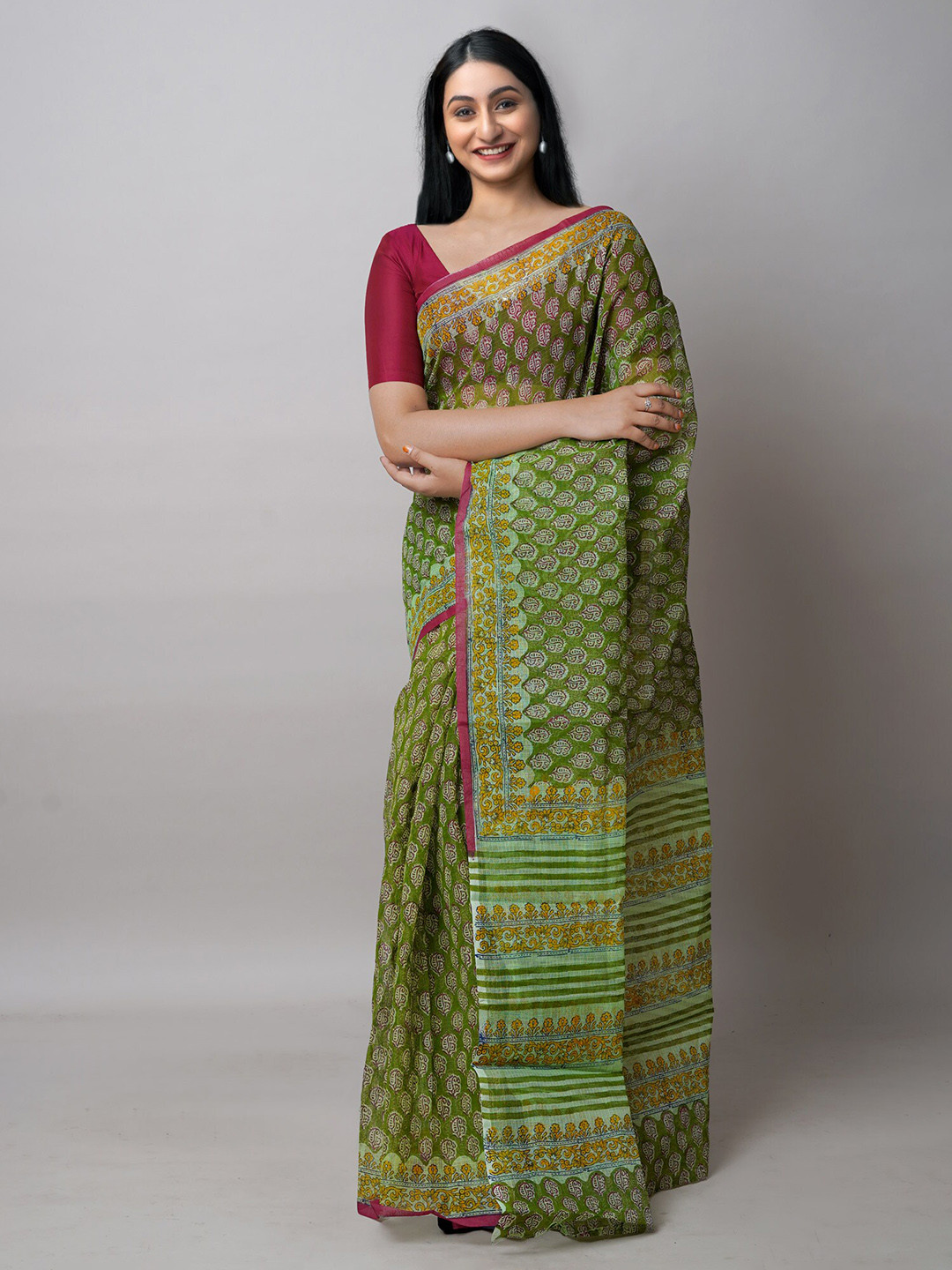 

Unnati Silks Paisley Printed Handloom Pure Cotton Kota Saree, Green