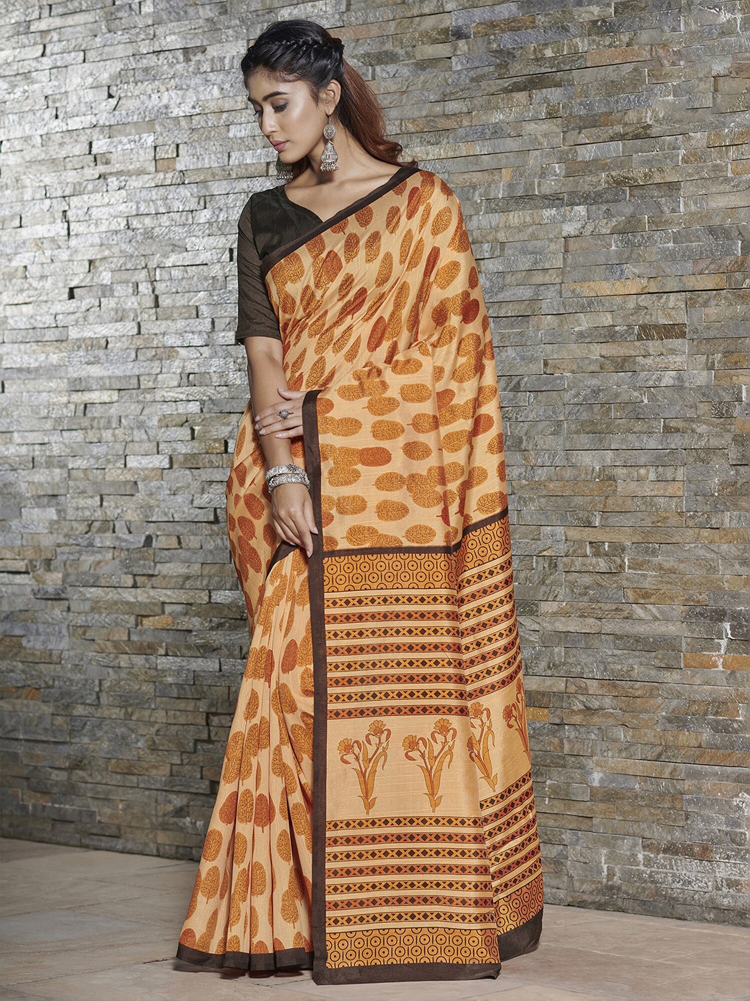 

KALINI Ethnic Motifs Printed Art Silk Bhagalpuri Saree, Beige