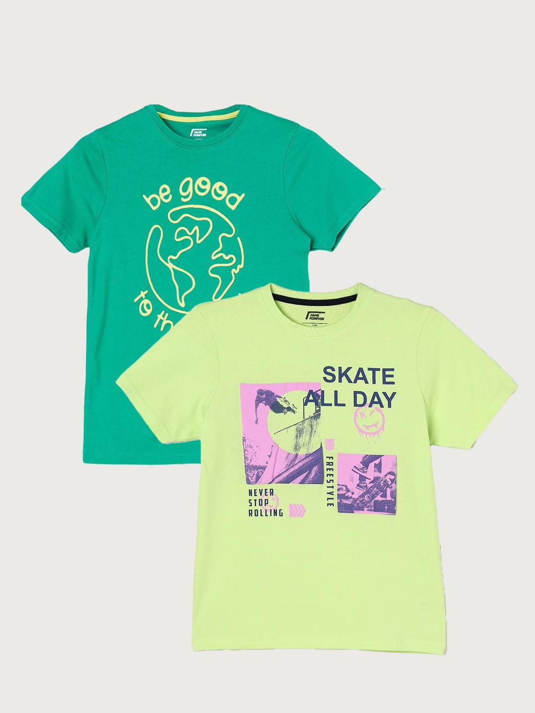 

Fame Forever by Lifestyle Boys Pack Of 2 Printed Cotton T-shirt, Lime green