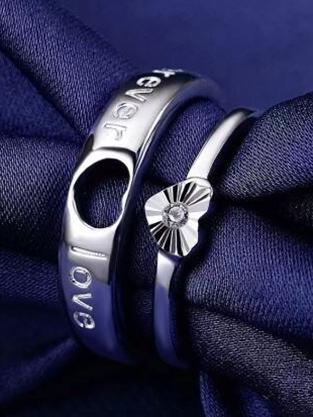 

MEENAZ Silver-Plated Heart Charm American Diamond-Studded Couple Rings