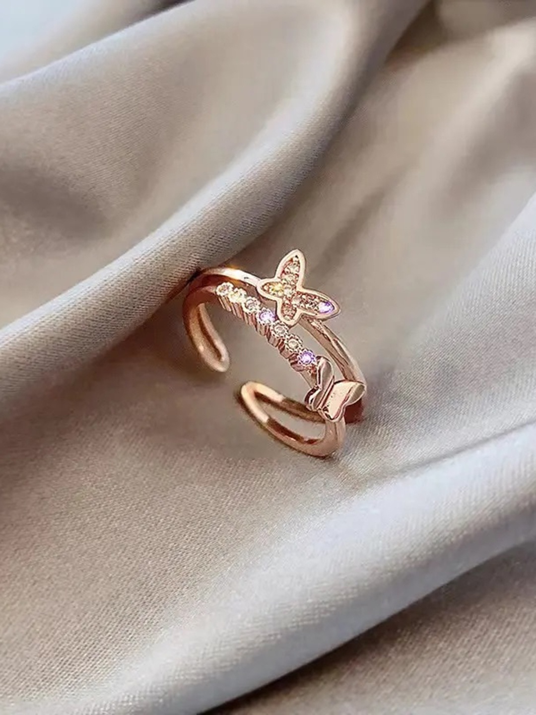 

MEENAZ Women Rose Gold-Plated Butterfly Charm Studded Ring