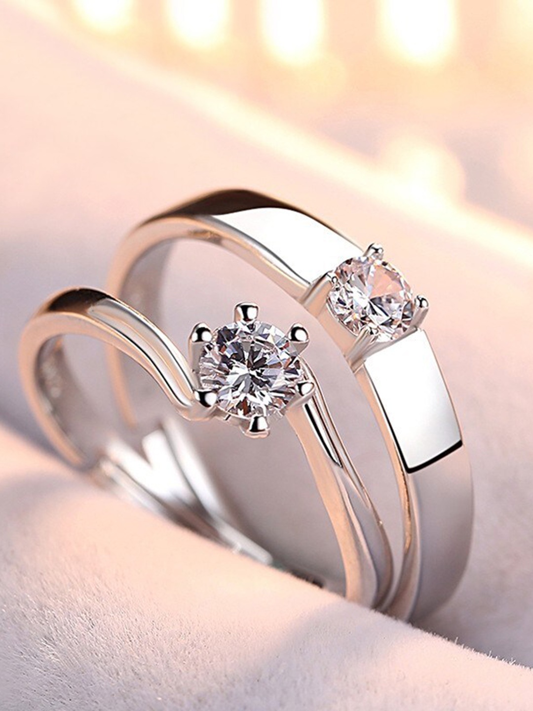 

MEENAZ Set Of 2 Silver-Plated Solitaire American Diamond-Studded Couple Finger Rings
