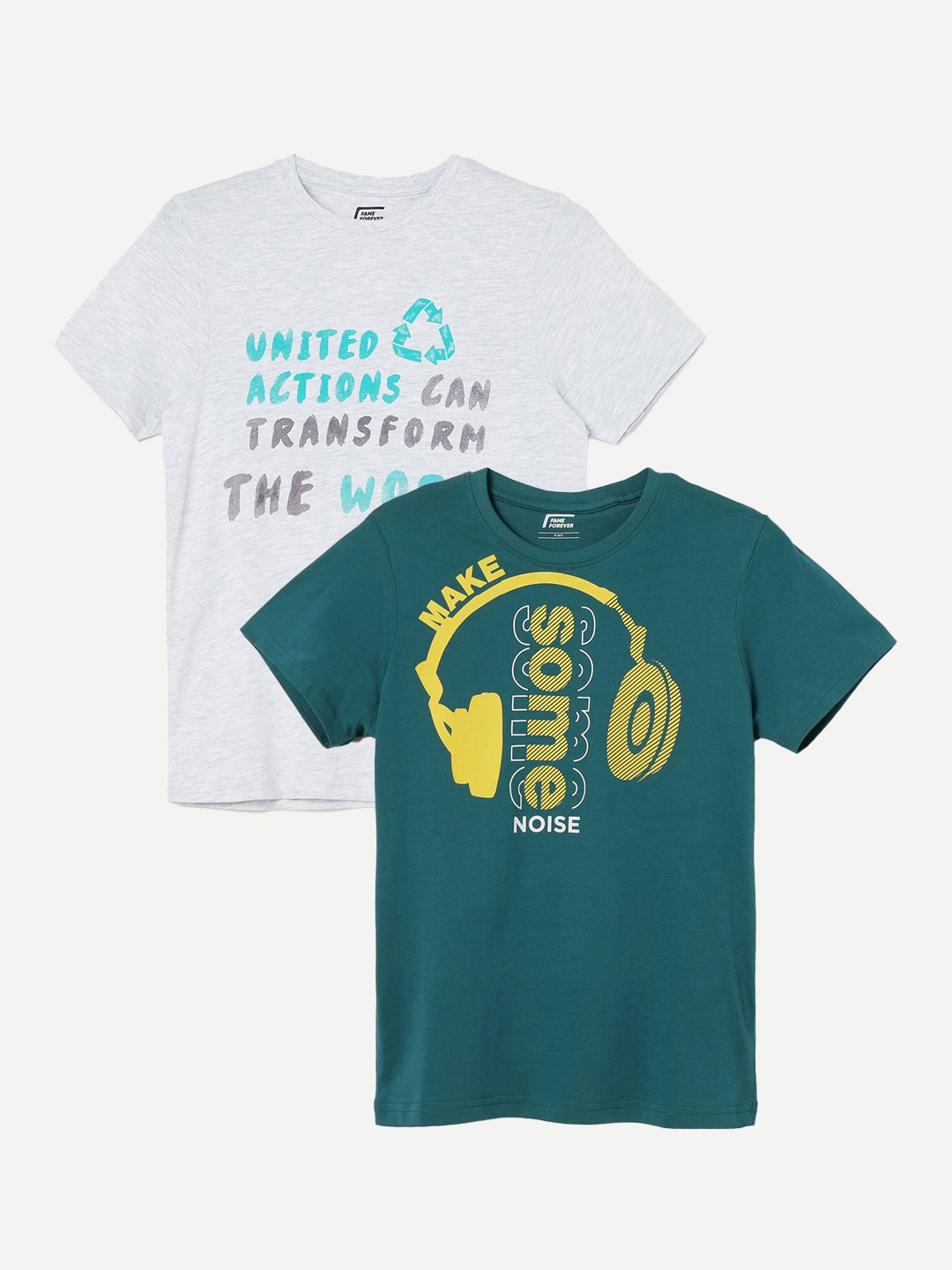 

Fame Forever by Lifestyle Boys Pack Of 2 Typography Printed Pure Cotton T-Shirts, Teal