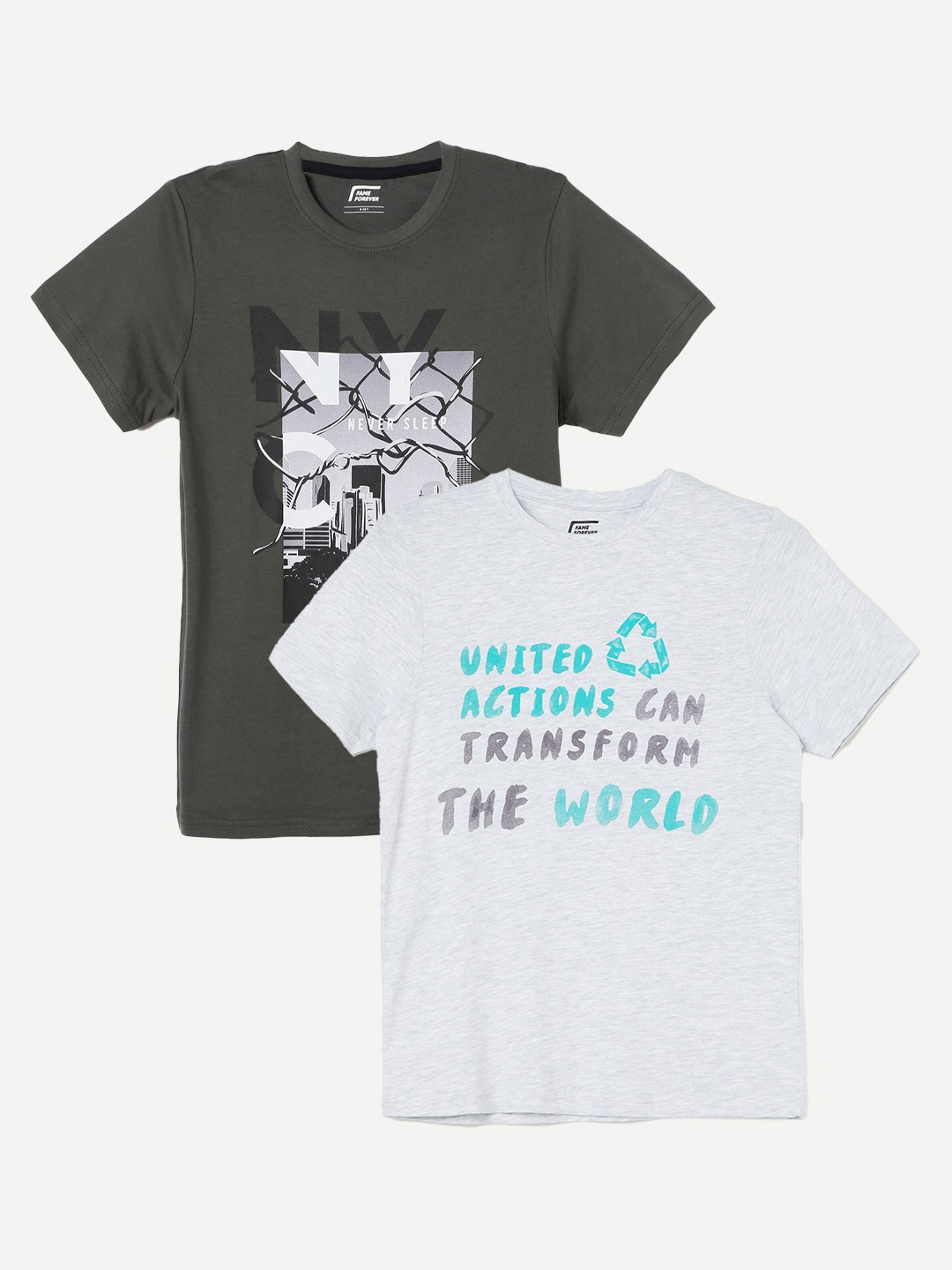 

Fame Forever by Lifestyle Boys Pack Of 2 Printed Pure Cotton T-Shirts, Grey