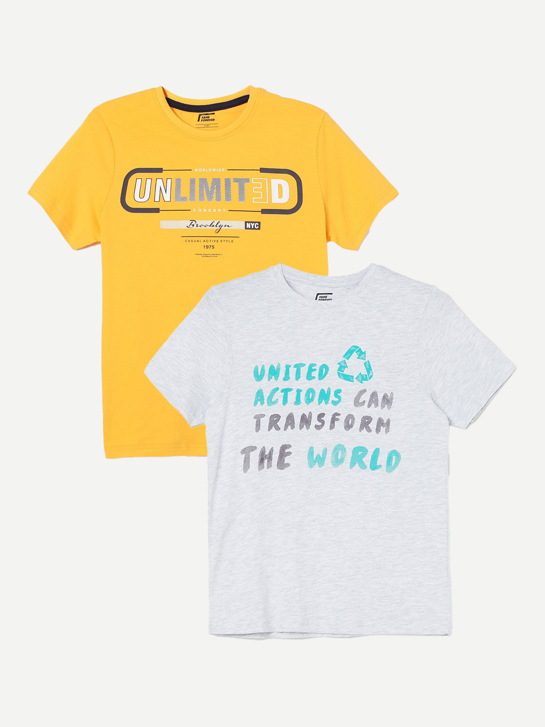 

Fame Forever by Lifestyle Boys Pack Of 2 Typography Printed Pure Cotton T-Shirts, Grey