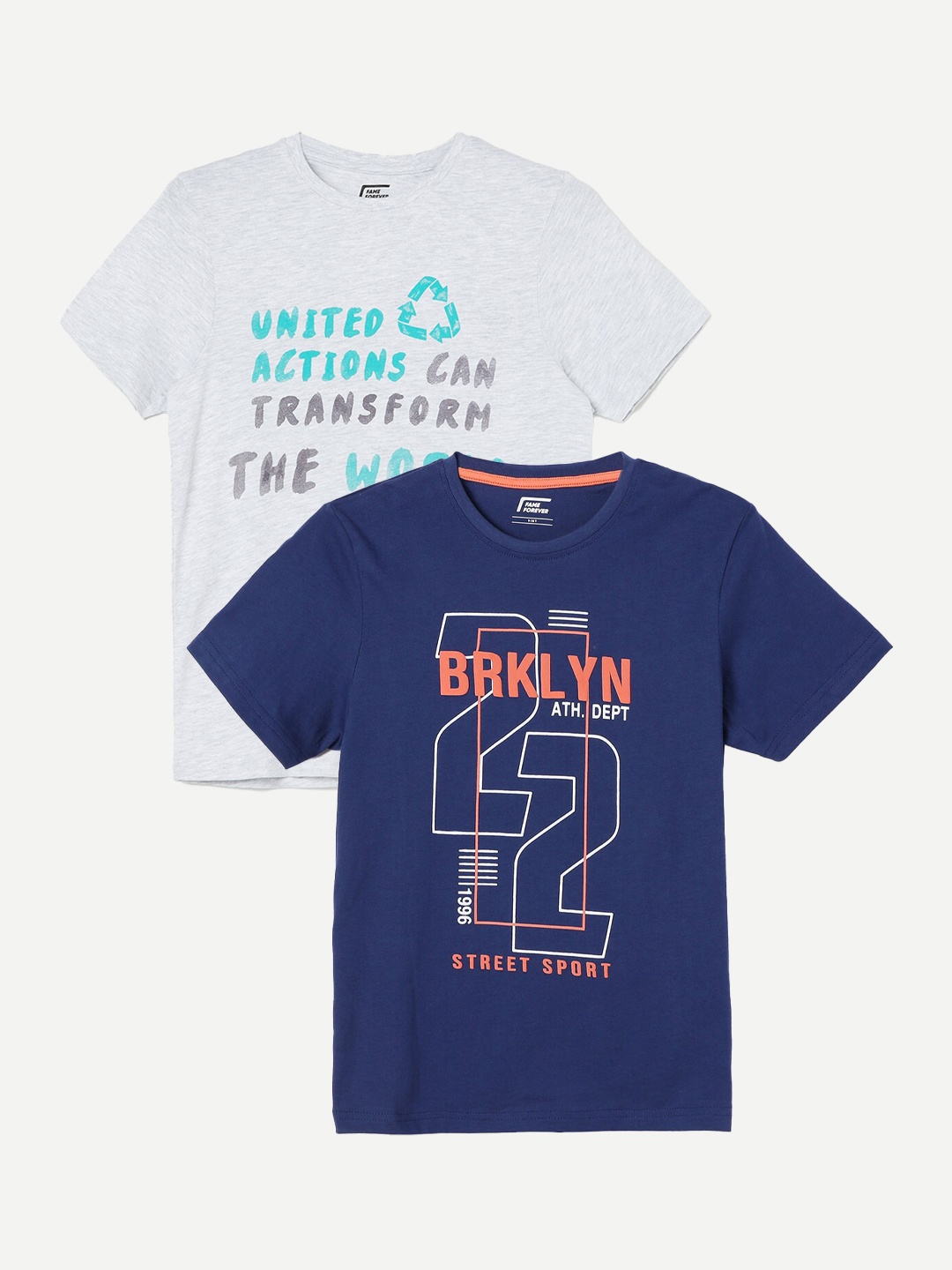 

Fame Forever by Lifestyle Boys Pack Of 2 Typography Printed Pure Cotton T-Shirts, Blue