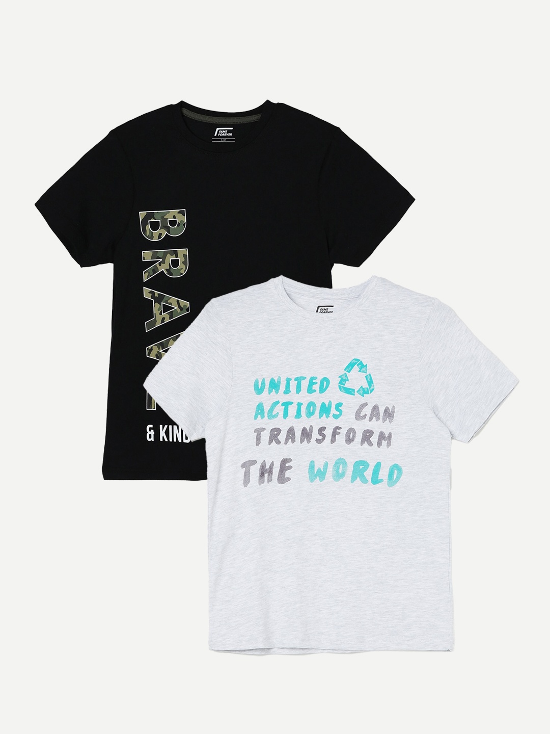 

Fame Forever by Lifestyle Boys Pack Of 2 Typography Printed Pure Cotton T-Shirts, Grey