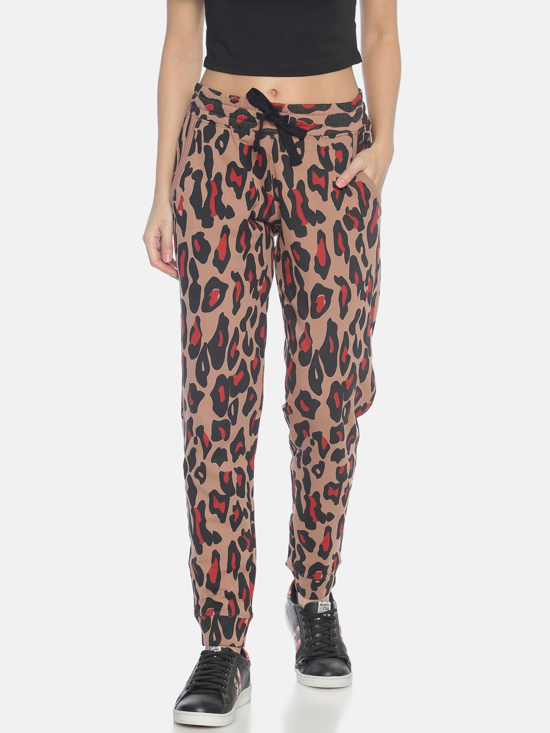 

KULTPRIT Women Printed Pure Cotton Slim Fit Joggers, Brown