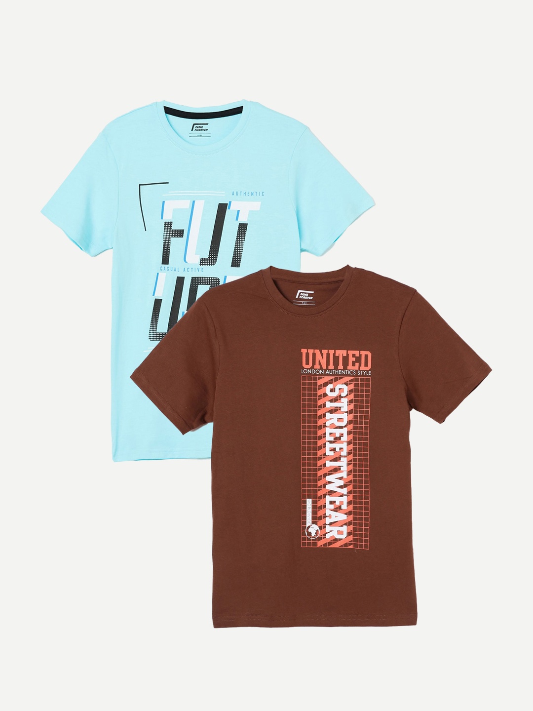 

Fame Forever by Lifestyle Boys Pack Of 2 Typography Printed Pure Cotton T-Shirts, Brown