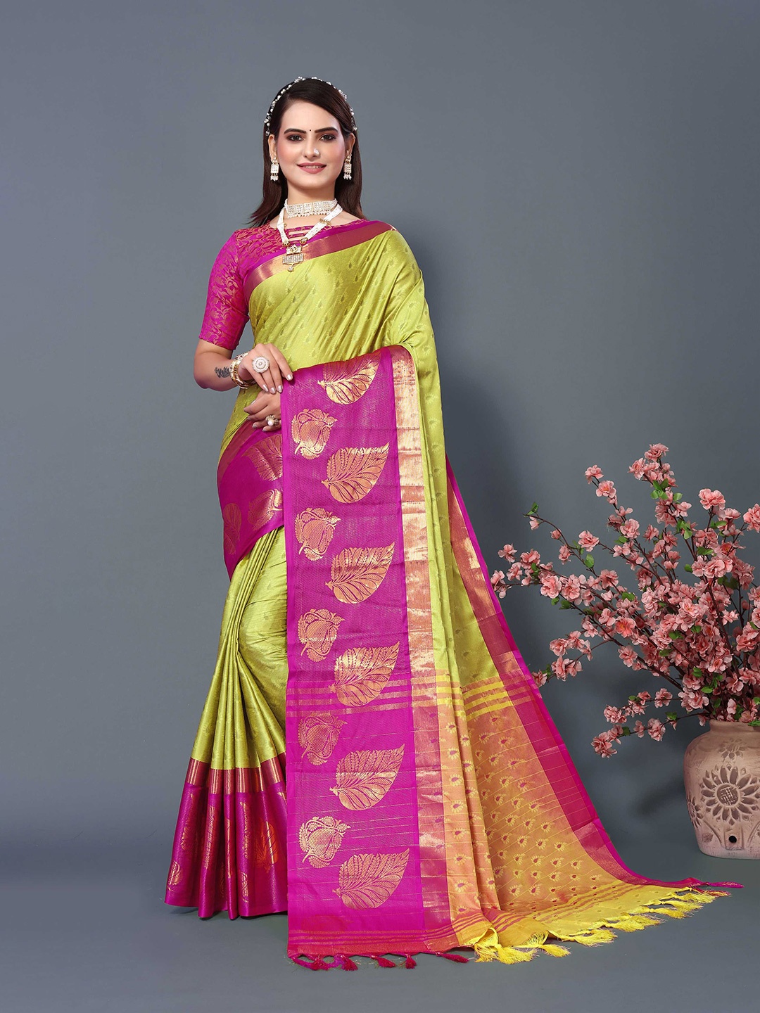 

Mitera Woven Design Zari Silk Cotton Banarasi Saree, Green