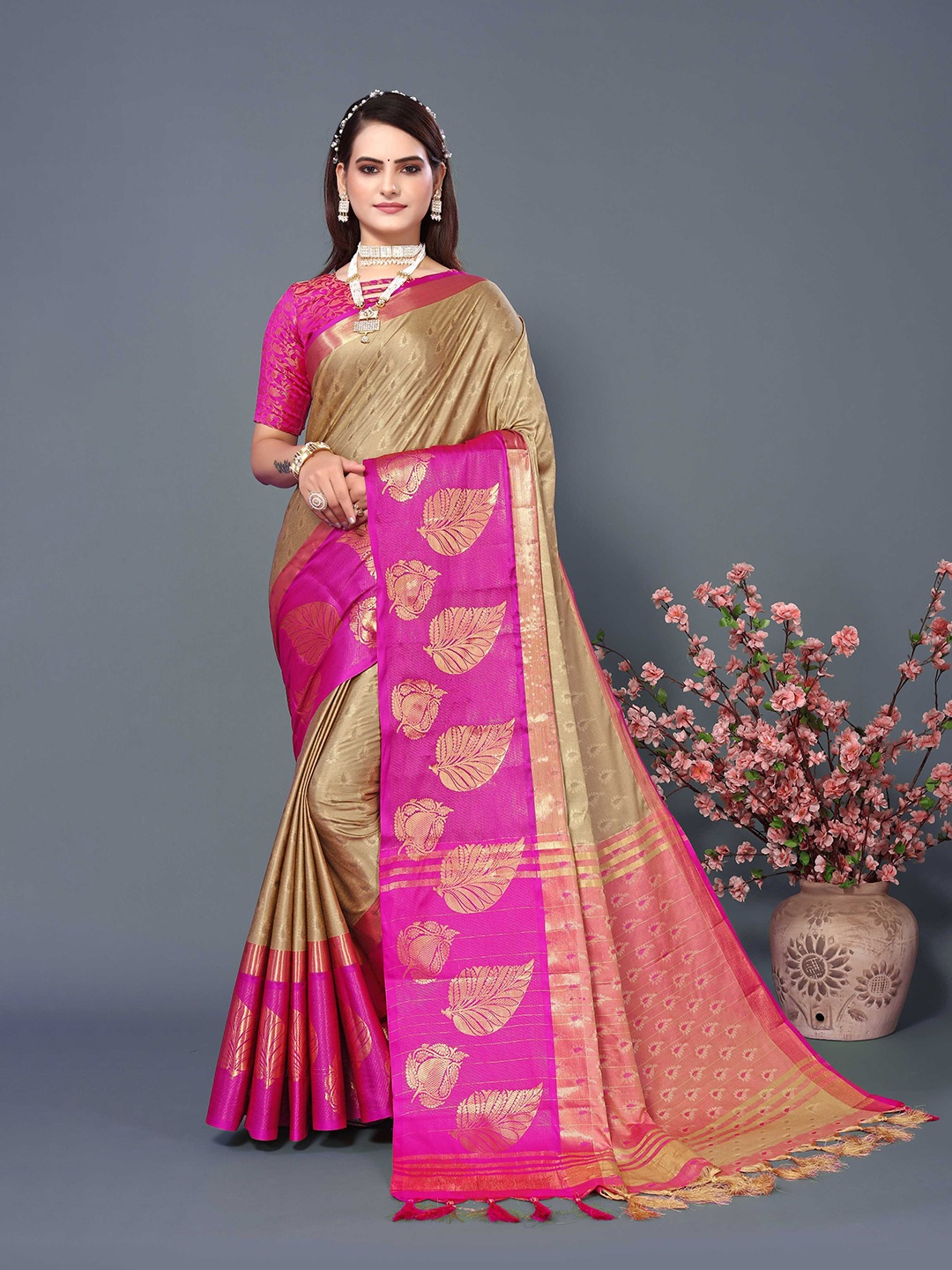 

Mitera Woven Design Zari Silk Cotton Banarasi Saree, Beige