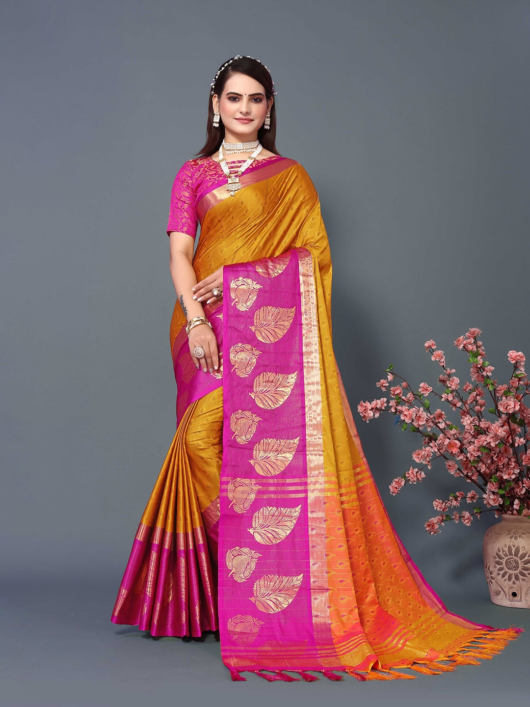 

Mitera Ethnic Motifs Woven Design Zari Silk Cotton Banarasi Saree, Mustard