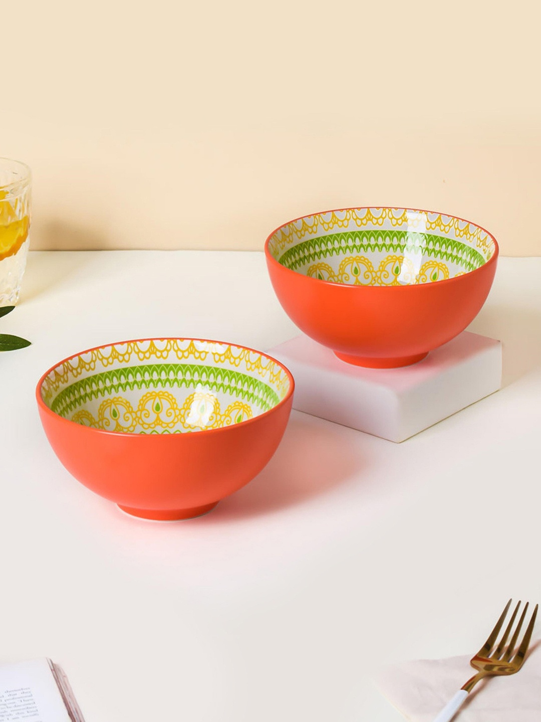 

Nestasia Orange & Green 2 Pieces Printed Ceramic Glossy Bowls 400ml Each