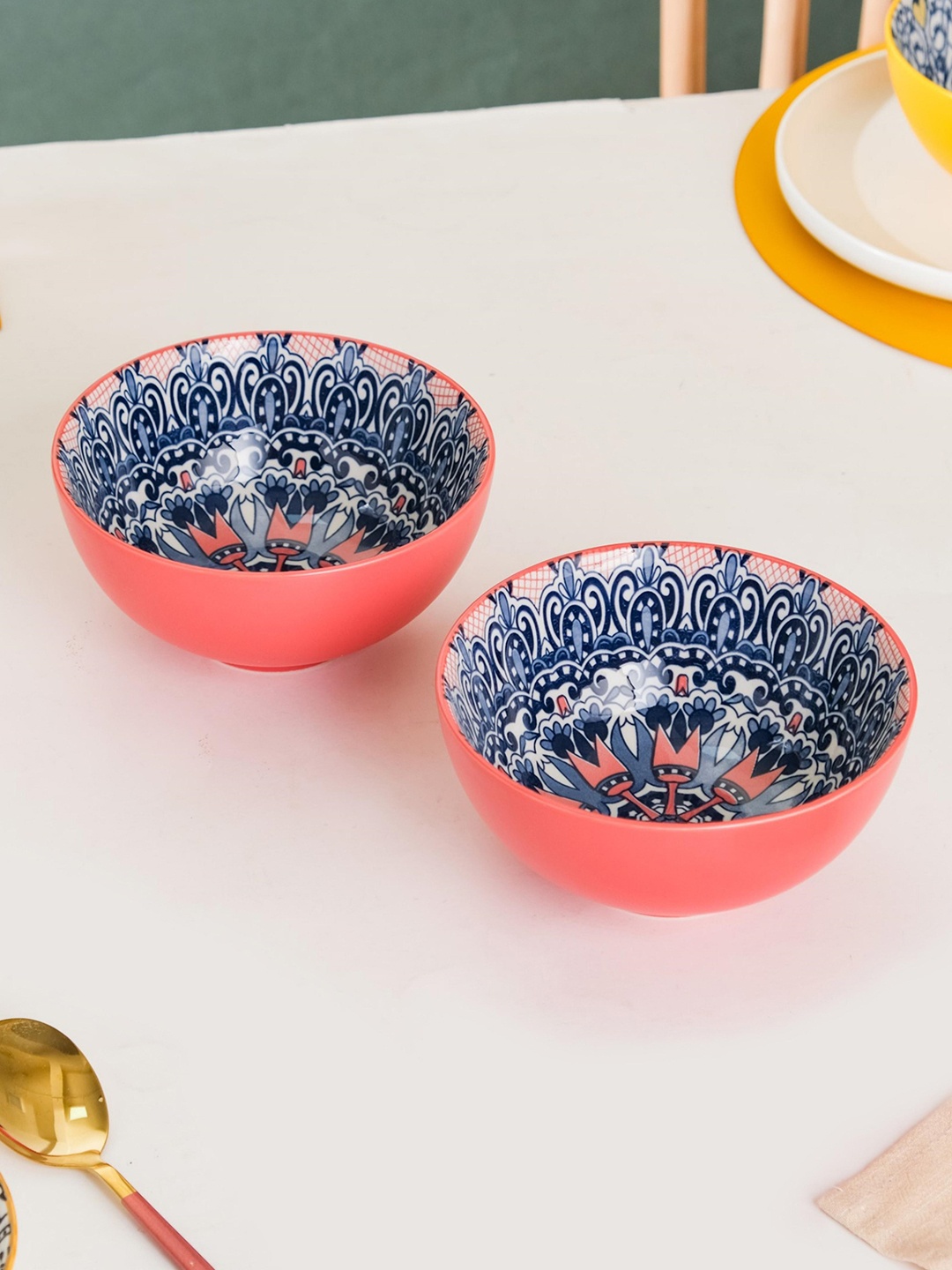 

Nestasia Pink & Blue 2 Pieces Ethnic Motifs Printed Ceramic Glossy Bowls 400ml Each