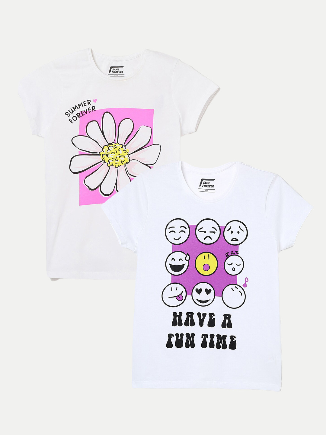

Fame Forever by Lifestyle Girls Pack of 2 Conversational Printed Cotton T-Shirt, White