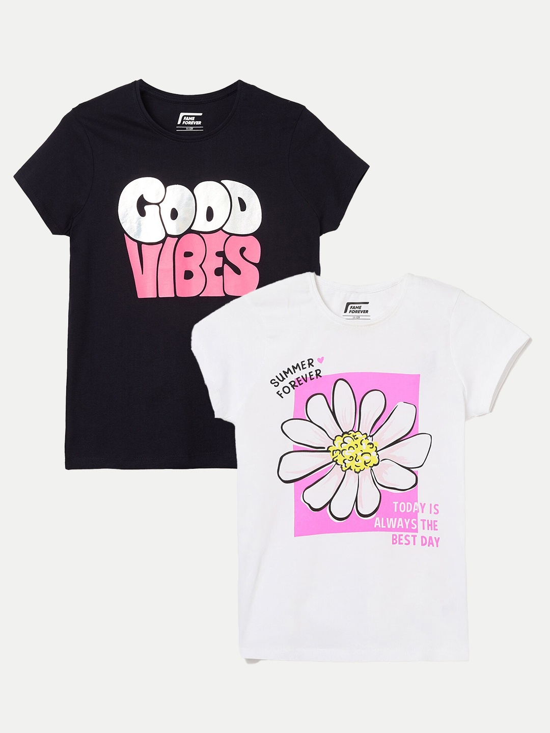 

Fame Forever by Lifestyle Girls Pack of 2 Printed Cotton T-Shirt, White