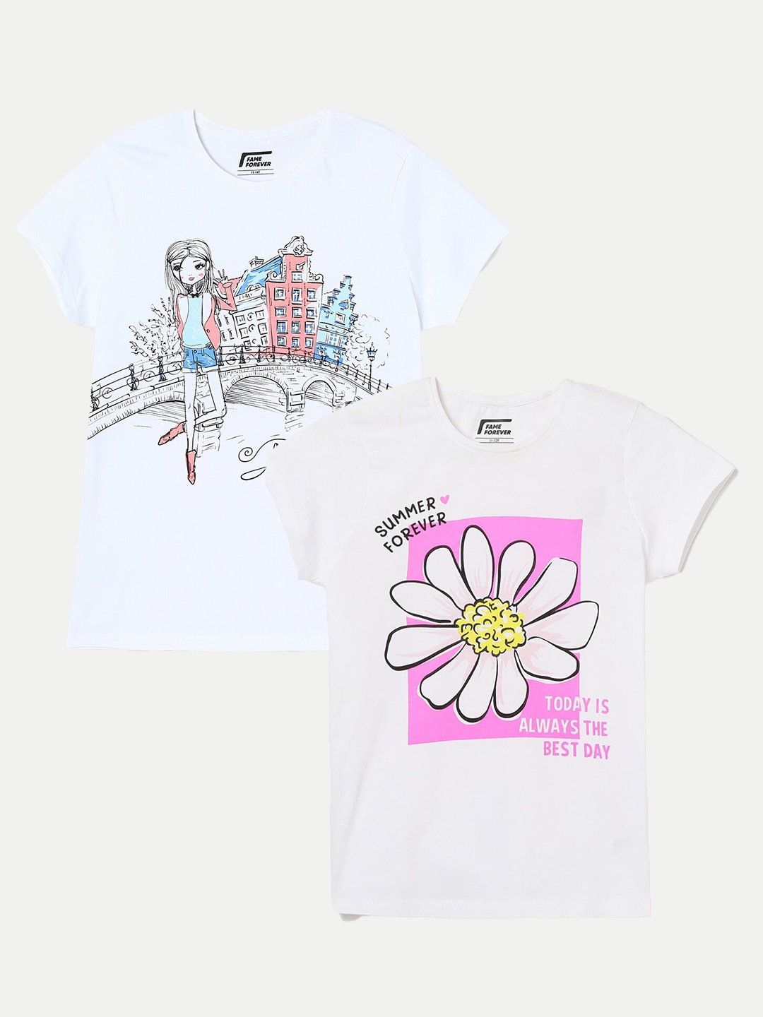 

Fame Forever by Lifestyle Girls Pack of 2 Printed Cotton T-Shirt, White