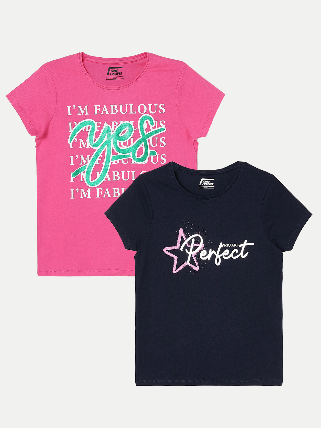

Fame Forever by Lifestyle Girls Pack of 2 Typography Printed Cotton T-Shirt, Navy blue