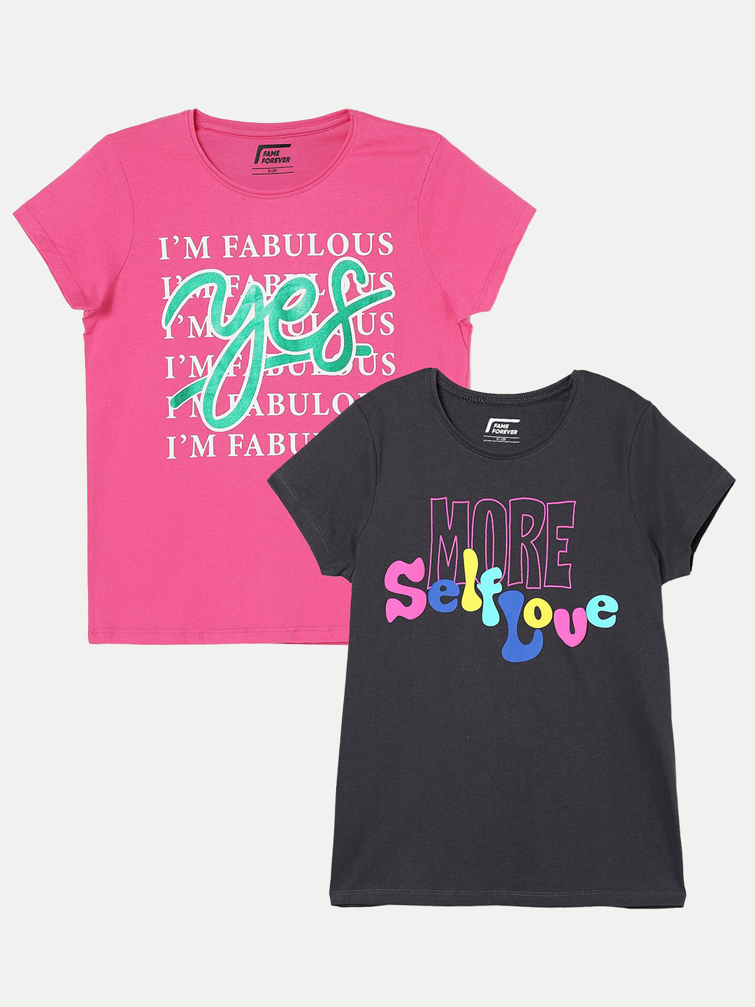 

Fame Forever by Lifestyle Girls Pack of 2 Typography Printed Cotton T-Shirt, Grey