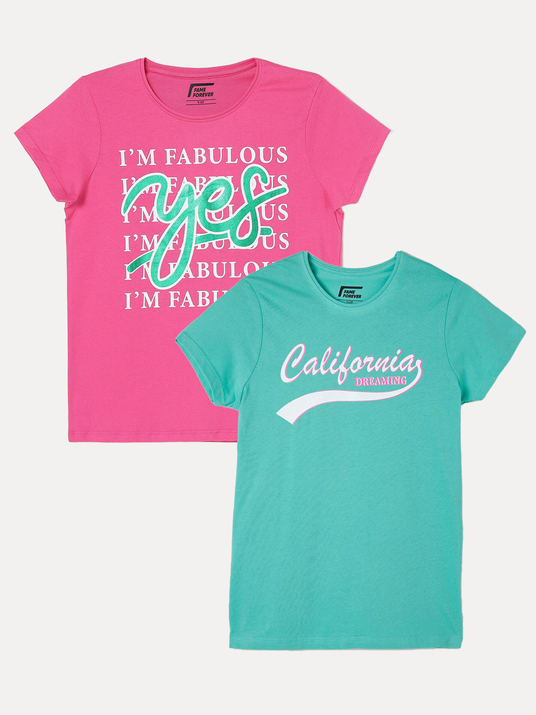 

Fame Forever by Lifestyle Girls Pack of 2 Typography Printed Cotton T-Shirt, Green
