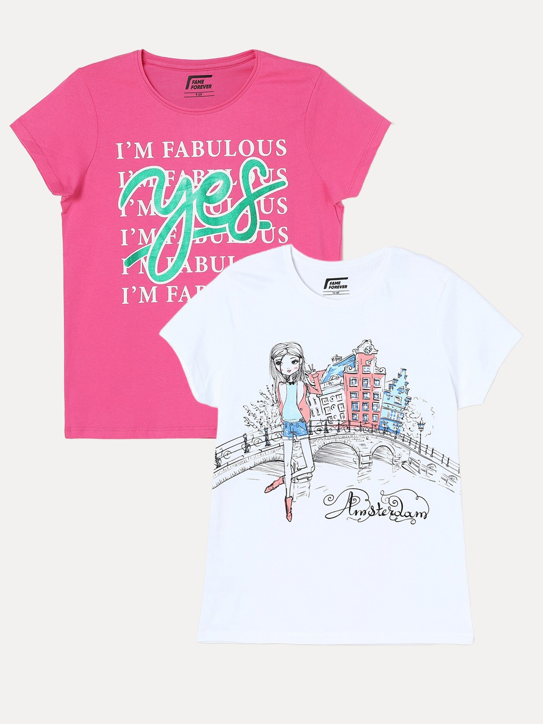 

Fame Forever by Lifestyle Girls Pack of 2 Printed Cotton T-Shirt, White