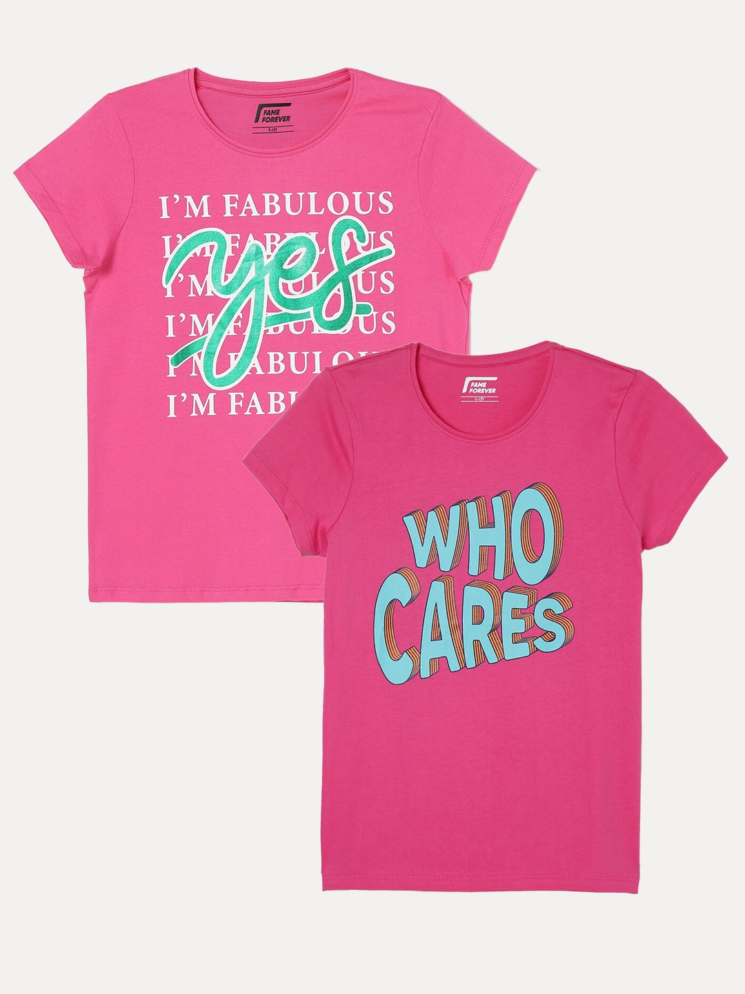 Fame Forever by Lifestyle Girls Pack of 2 Typography Printed Cotton T-Shirt, Pink