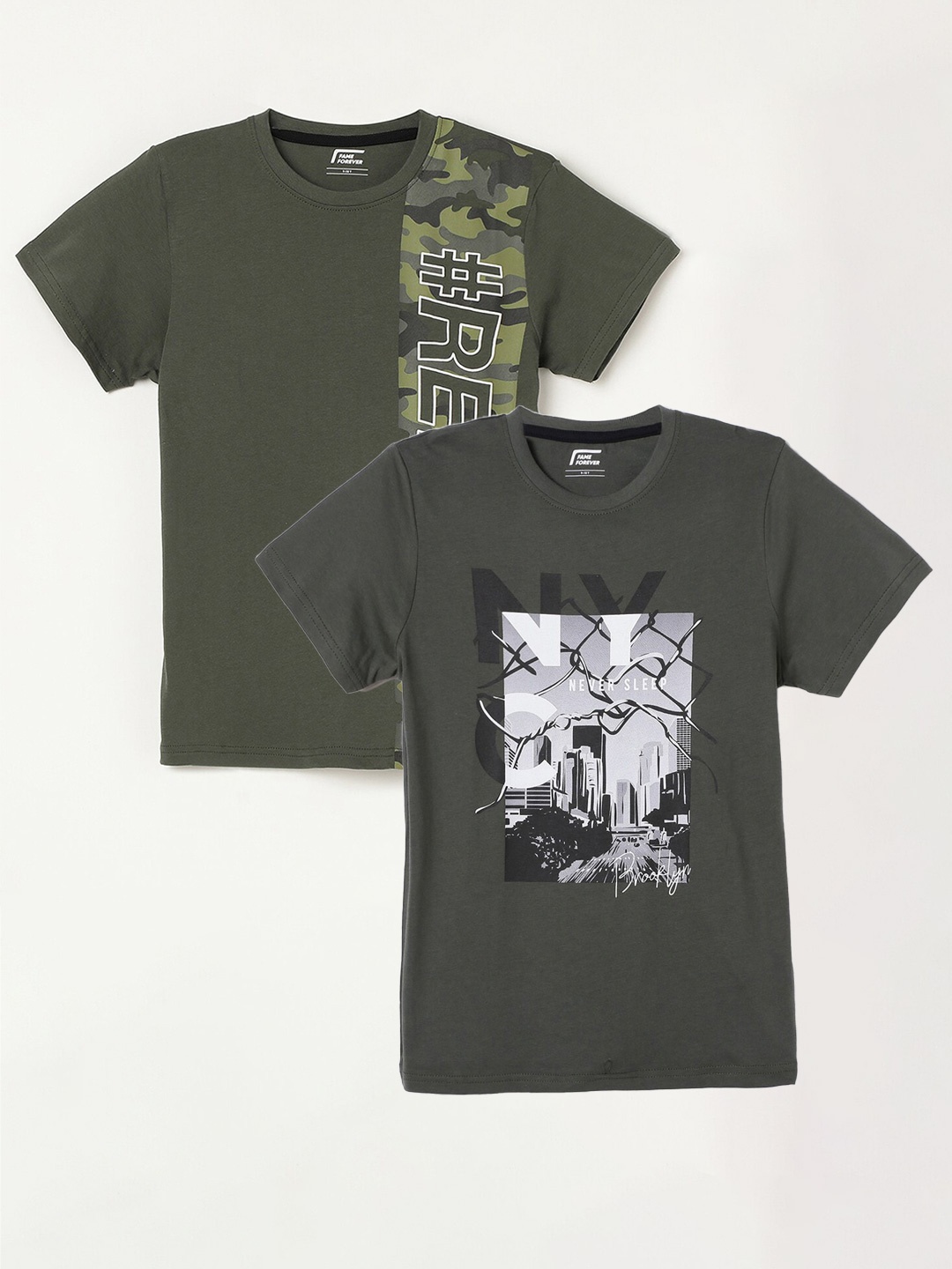 

Fame Forever by Lifestyle Boys Pack Of 2 Printed Cotton T-Shirts, Olive