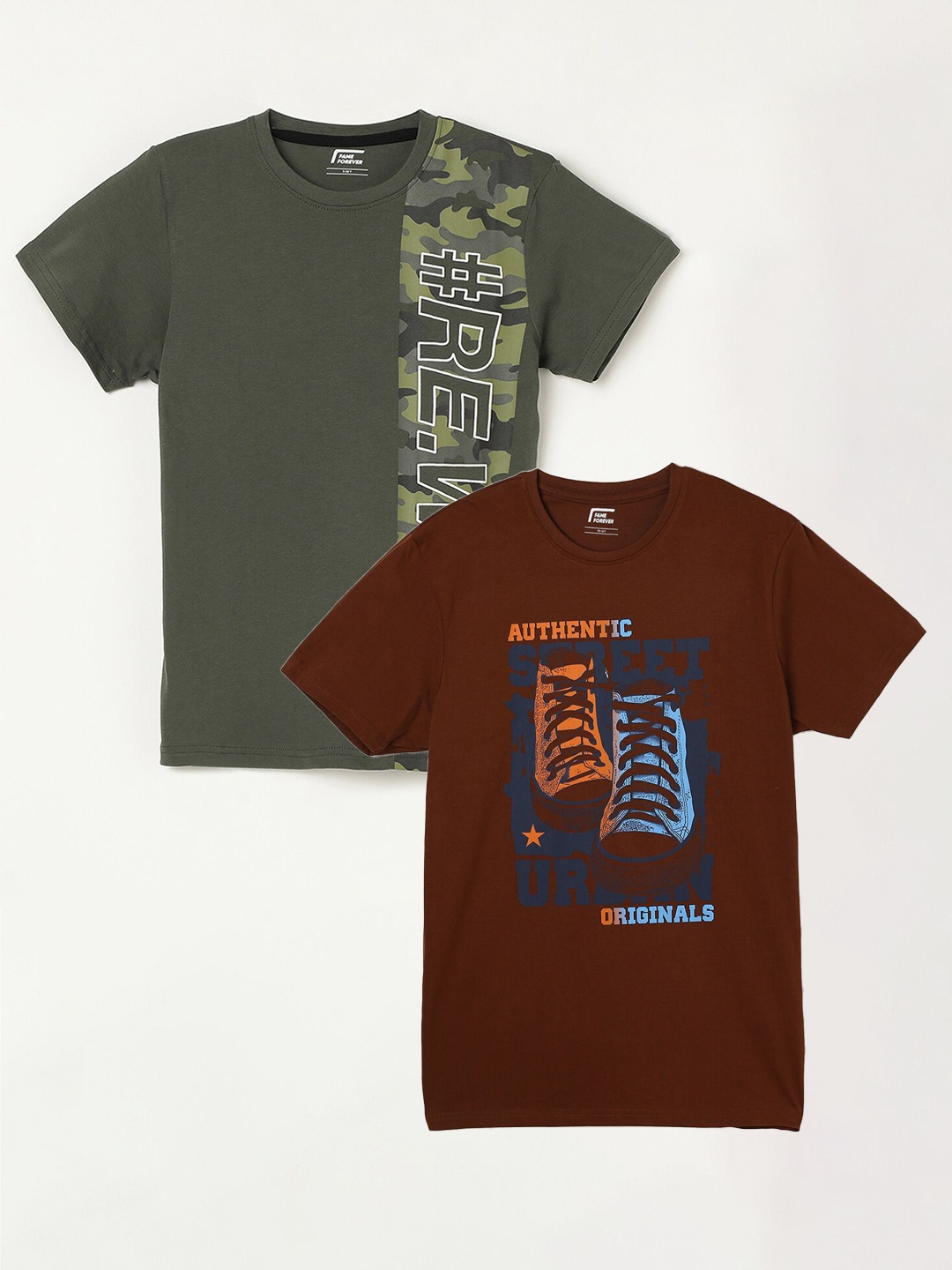

Fame Forever by Lifestyle Boys Pack Of 2 Printed Cotton T-Shirts, Brown