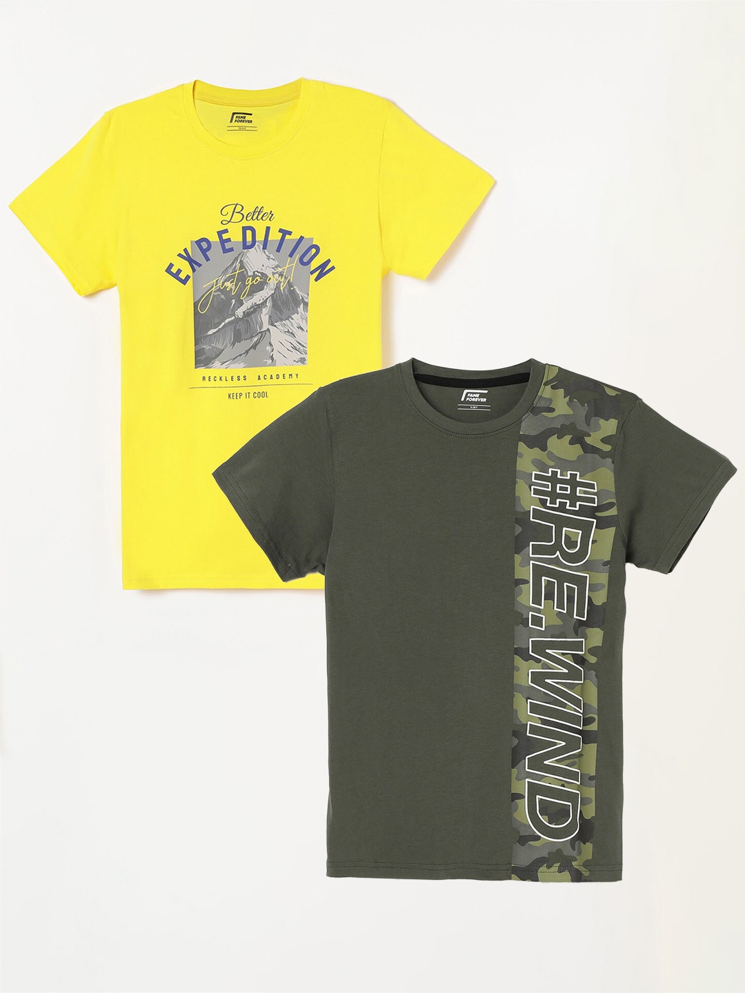 

Fame Forever by Lifestyle Boys Pack Of 2 Printed Cotton T-Shirts, Olive