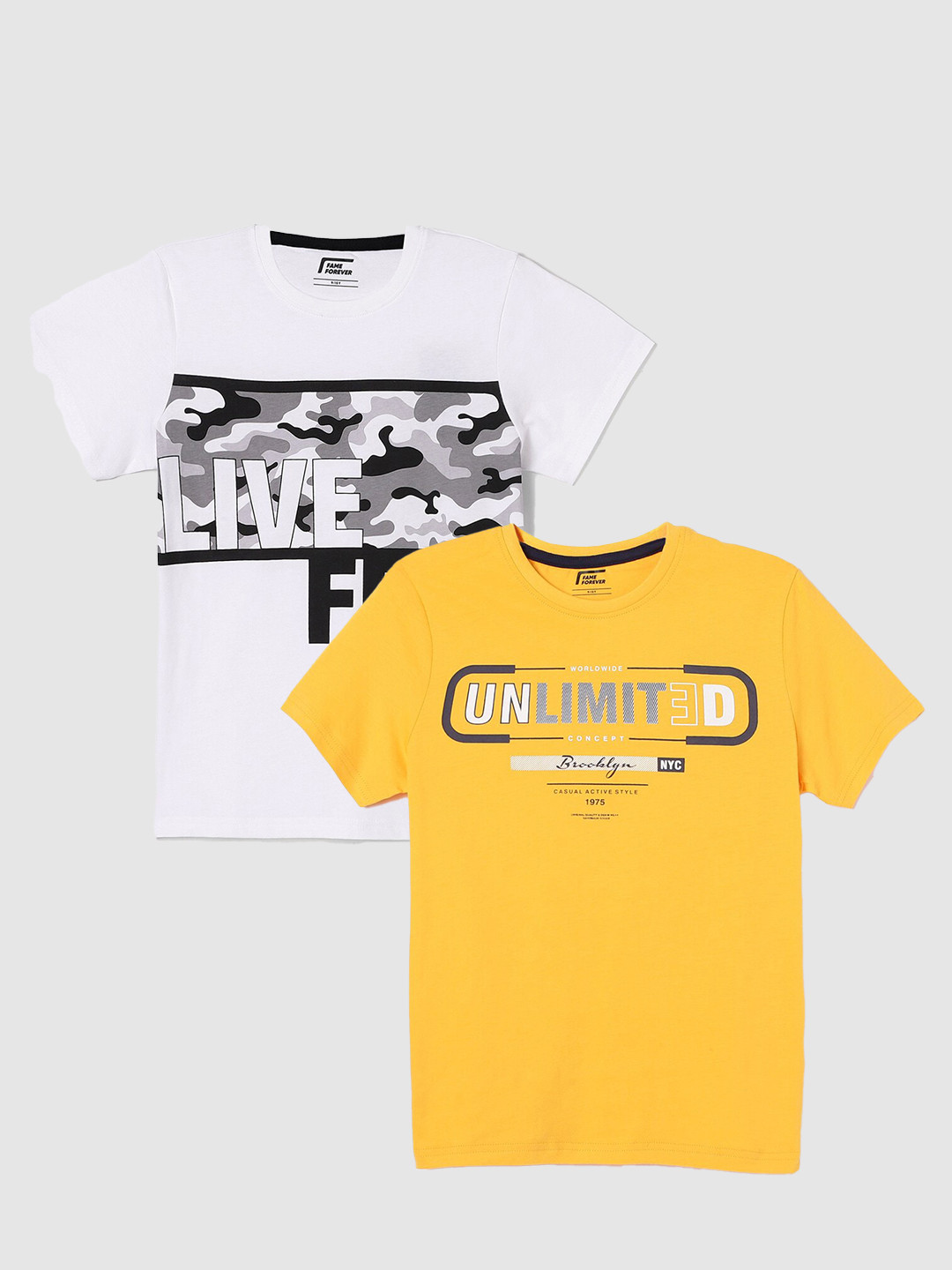 

Fame Forever by Lifestyle Boys Pack Of 2 Printed Cotton T-Shirts, Yellow