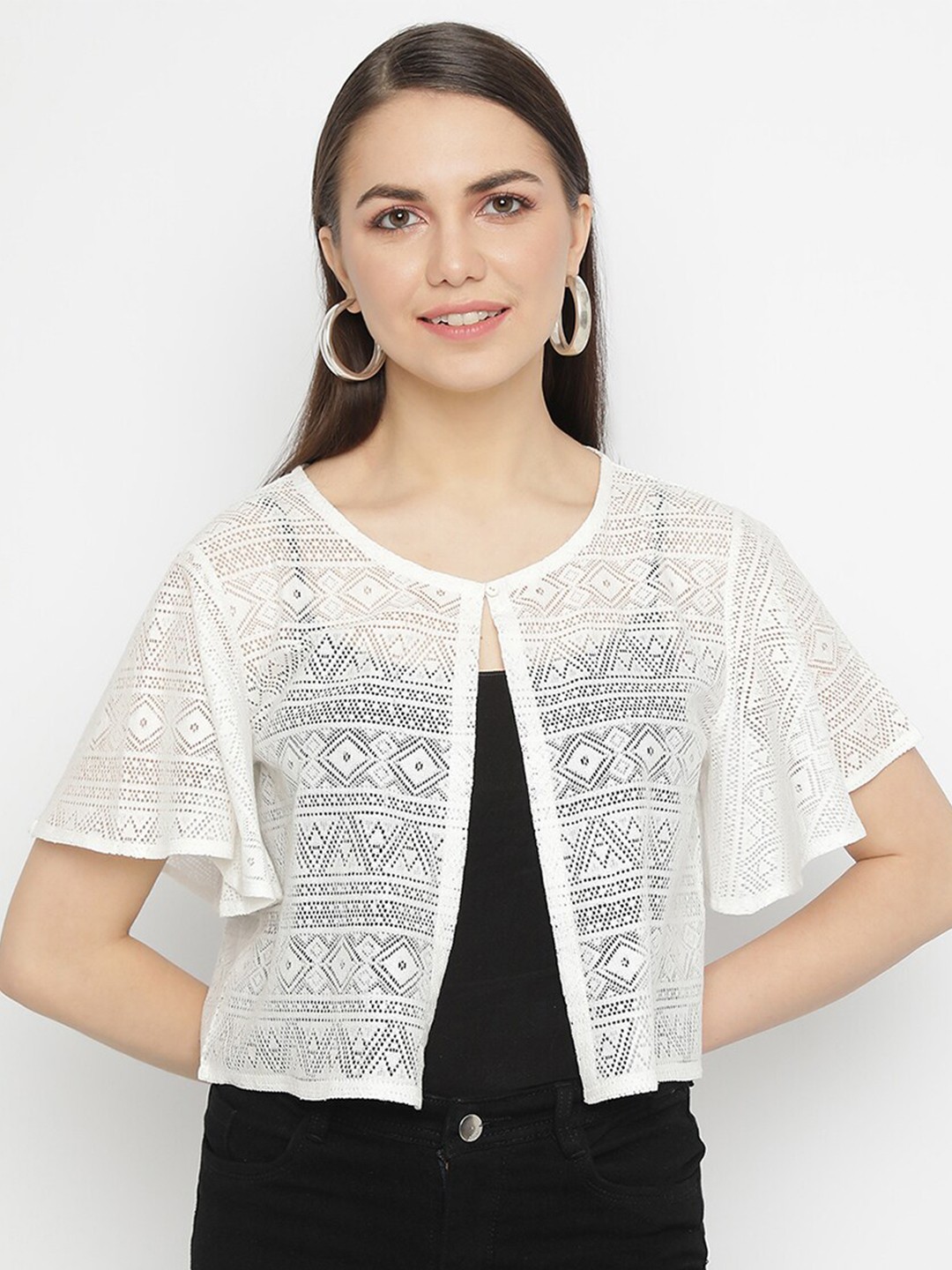 

UnaOne Self Design Open Front Casual Shrug, Off white