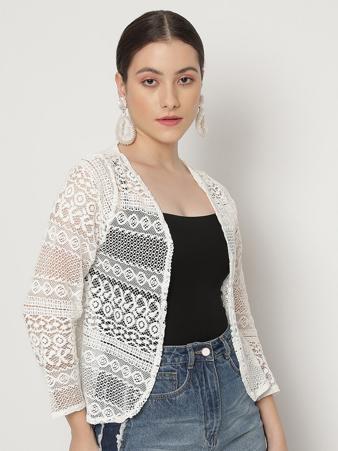 

UnaOne Self Design Open Front Casual Shrug, Off white