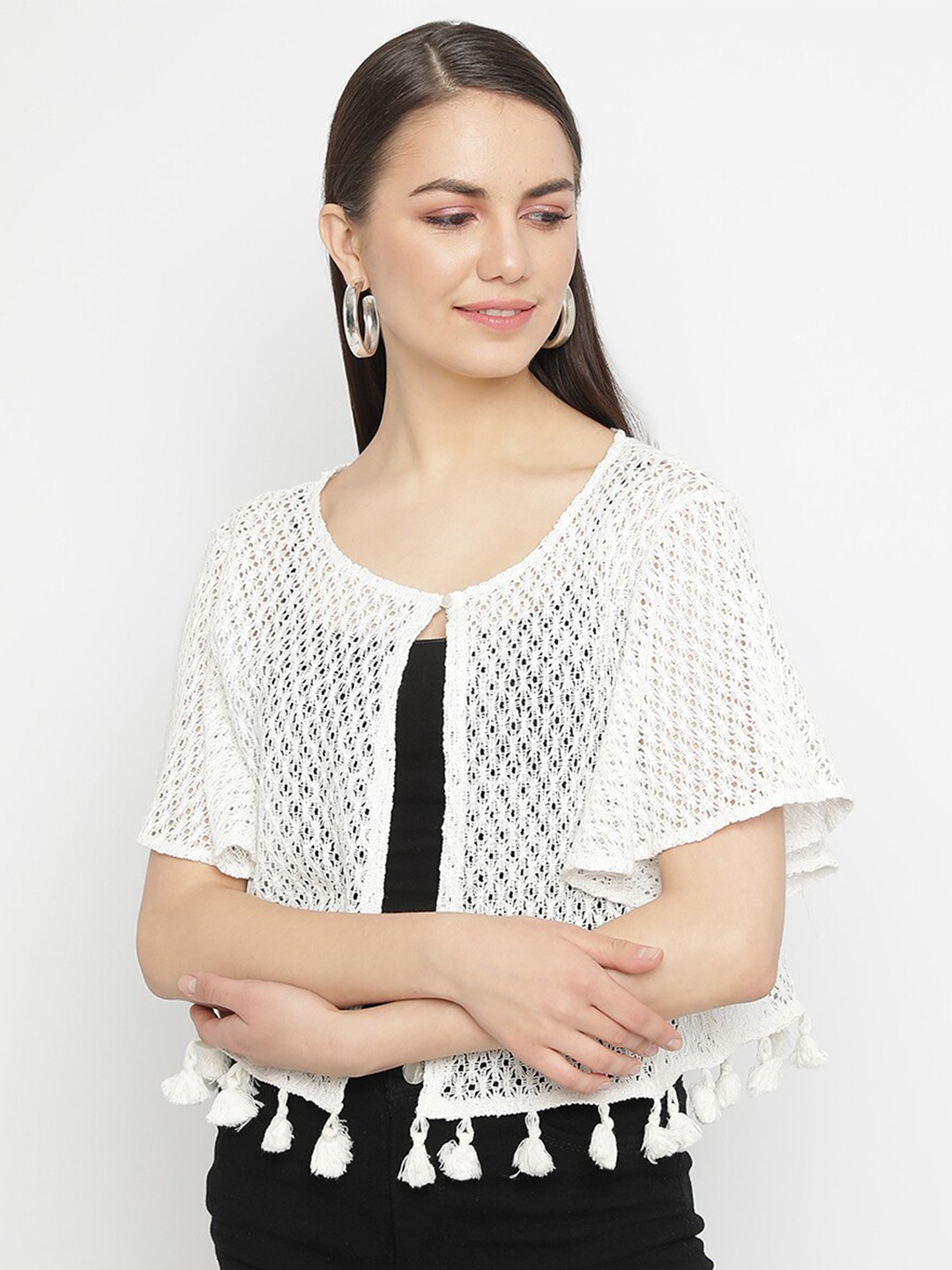 

UnaOne Self-Design Embroidered Open Front Cotton Tasselled Shrug, Off white