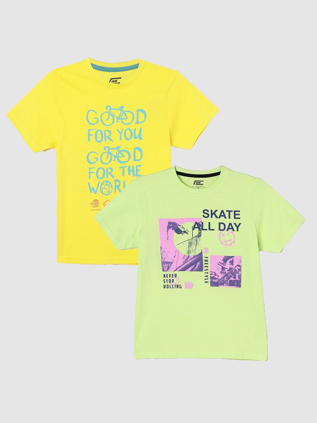 

Fame Forever by Lifestyle Boys Pack Of 2 Printed Cotton T-Shirts, Yellow