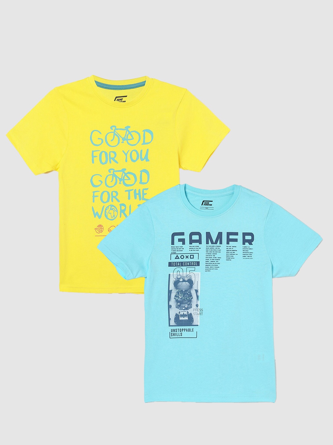 Fame Forever by Lifestyle Boys Pack Of 2 Printed Cotton T-Shirts, Yellow
