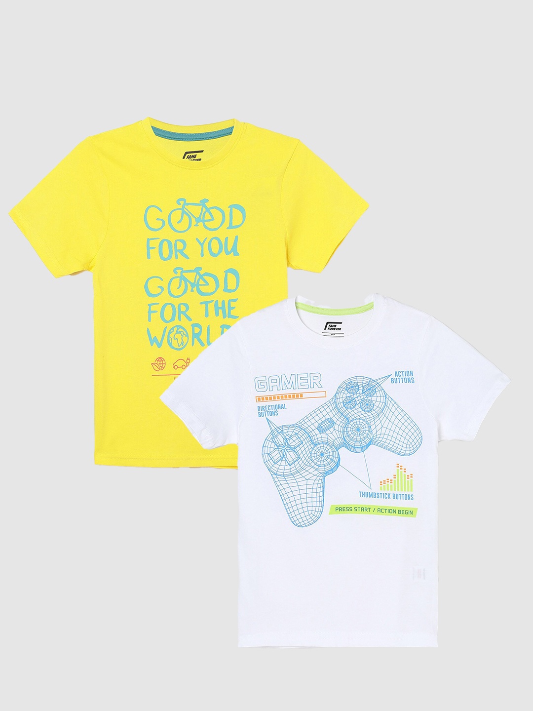 

Fame Forever by Lifestyle Boys Pack Of 2 Printed Cotton T-Shirts, Yellow