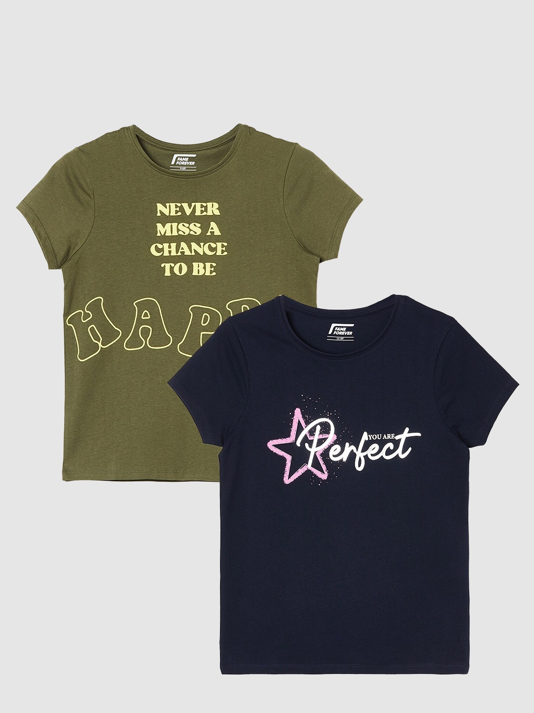 

Fame Forever by Lifestyle Girls Pack Of 2 Printed Pure Cotton T-Shirts, Olive