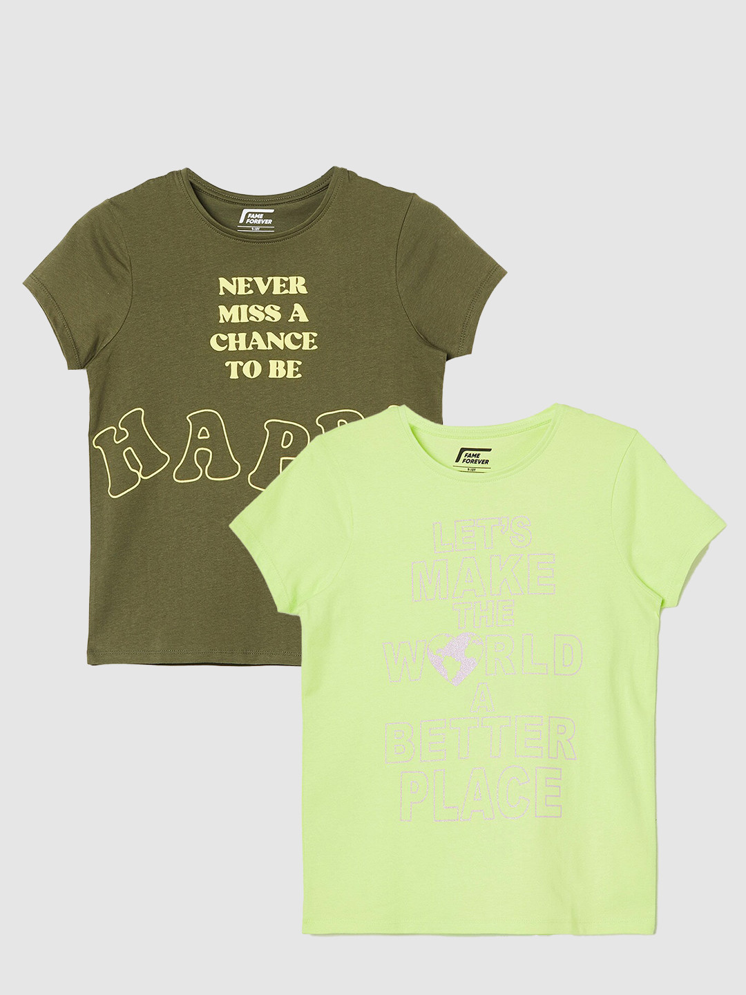 

Fame Forever by Lifestyle Girls Pack Of 2 Printed Pure Cotton T-Shirts, Olive