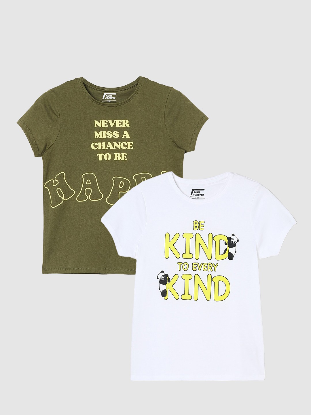 

Fame Forever by Lifestyle Girls Pack Of 2 Printed Pure Cotton T-Shirts, Olive