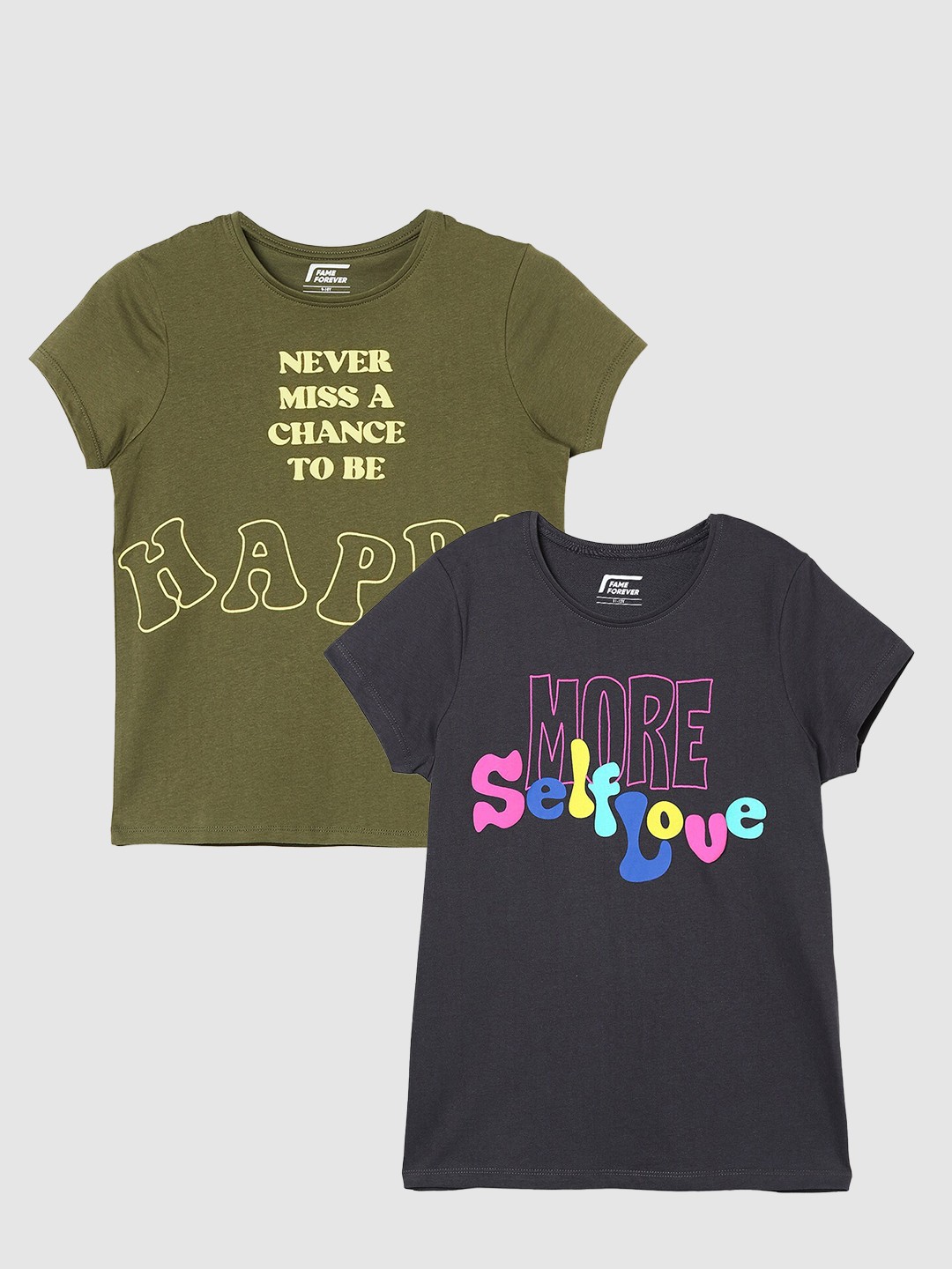 

Fame Forever by Lifestyle Girls Pack Of 2 Printed Cotton T-Shirts, Olive